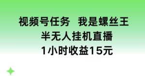 视频号任务，我是螺丝王， 半无人挂机1小时收益15元【揭秘】-旺仔资源库