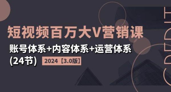 （11795期）2024短视频·百万大V营销课【3.0版】账号体系+内容体系+运营体系(24节)-旺仔资源库