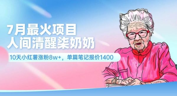 （11861期）7月最火项目，人间清醒柒奶奶，10天小红薯涨粉8w+，单篇笔记报价1400.-旺仔资源库