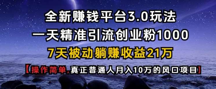 全新赚钱平台3.0玩法一天精准引流创业粉1000.7天被动躺Z收益21W【仅揭秘】-旺仔资源库