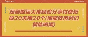 短剧搬运大佬经验分享付费短剧20天撸20个(他能吃肉我们就能喝汤)-旺仔资源库