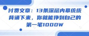 付费文章：13条深层内幕统统背诵下来，你就能挣到自己的第一笔1000W-旺仔资源库