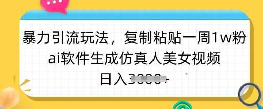 暴力引流玩法，复制粘贴一周1w粉，ai软件生成仿真人美女视频，日入多张-旺仔资源库