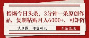 （14437期）撸爆今日头条，3分钟一条原创作品，复制粘贴月入6000+，可矩阵-旺仔资源库