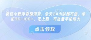 微信小程序变现项目，全天24小时都可做，单机30-100+，无上限，可批量手机放大-旺仔资源库