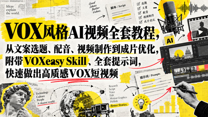 VOX风格AI视频全套教程，从文案选题、配音、视频制作到成片优化，附带VOXeasy Skill、全套提示词，快速做出高质感VOX短视频-旺仔资源库