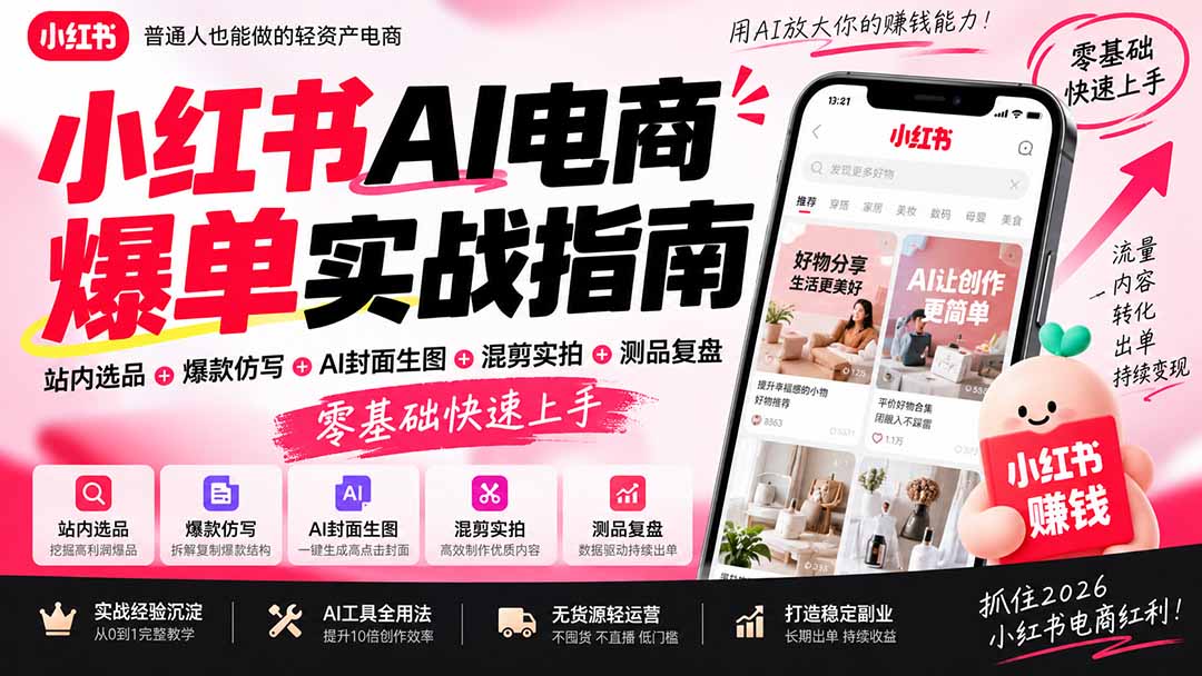 2026小红书AI电商爆单实战指南:站内选品+爆款仿写+AI封面生图+混剪实拍+测品复盘,零基础快速上手-旺仔资源库