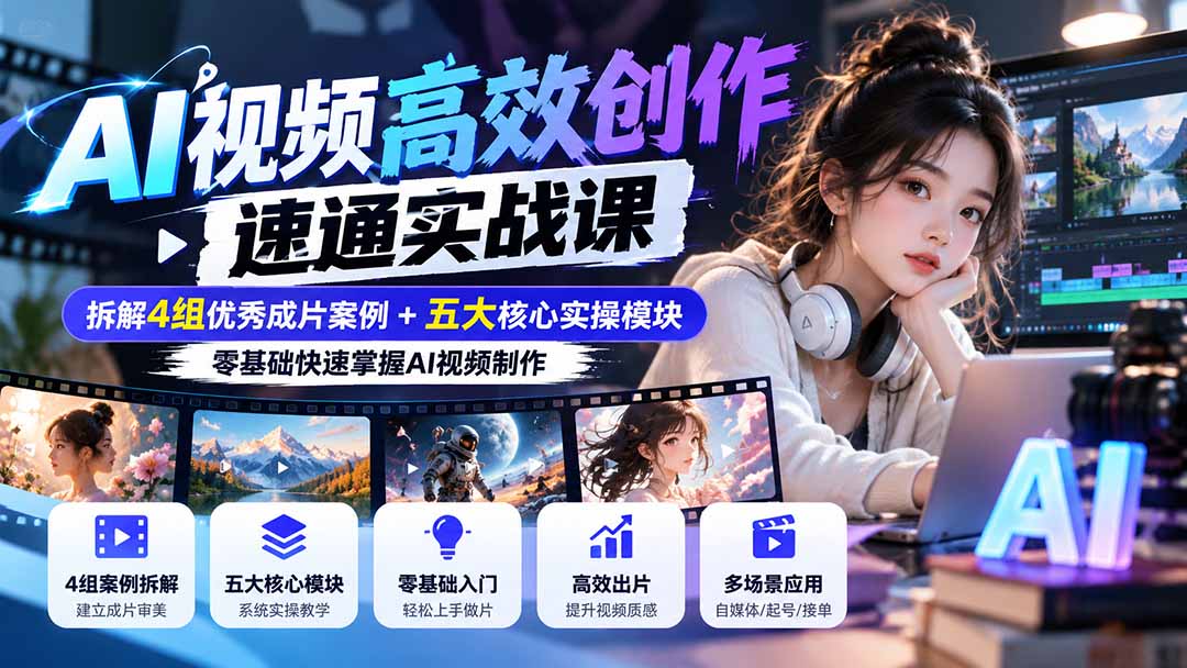 【无水印】AI视频高效创作速通实战课：拆解4组优秀成片案例+五大核心实操模块，零基础快速掌握AI视频制作-旺仔资源库