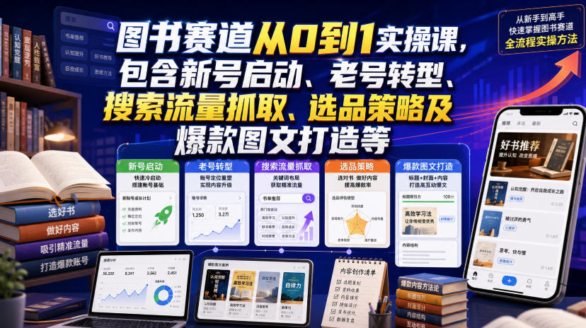 图书赛道从0到1实操课,包含新号启动、老号转型、搜索流量抓取、选品策略及爆款图文打造等-旺仔资源库