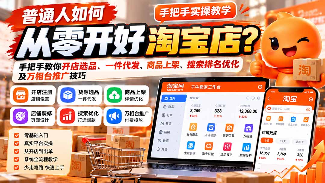 普通人如何从零开好淘宝店?手把手教你开店选品、一件代发、商品上架、搜索排名优化及万相台推广技巧-旺仔资源库