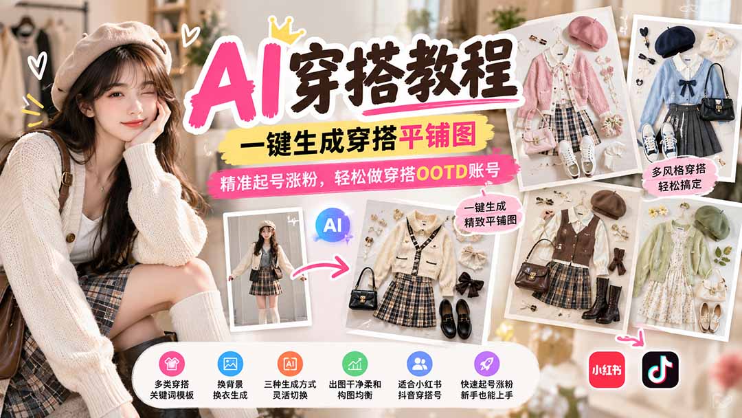 【无水印】AI穿搭教程｜一键生成穿搭平铺图，精准起号涨粉，轻松做穿搭OOTD账号-旺仔资源库