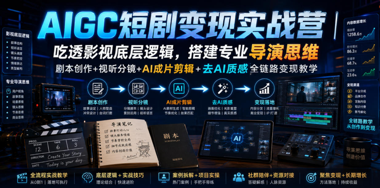 AIGC短剧变现实战营|吃透影视底层逻辑,搭建专业导演思维,剧本创作+视听分镜+AI成片剪辑+去AI质感全链路变现教学-旺仔资源库