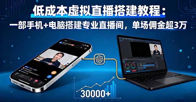 低成本虚拟直播搭建教程：一部手机+电脑搭建专业直播间，单场佣金超3万-旺仔资源库
