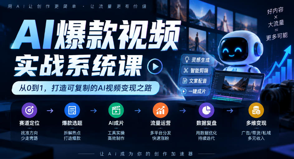 AI爆款视频实战系统课|赛道定位、爆款选题、AI成片、流量运营、数据复盘、多维变现全链路教学-旺仔资源库