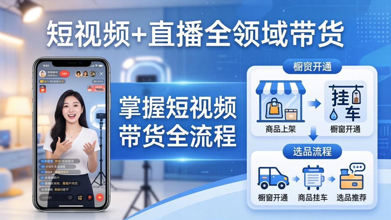 短视频+直播全领域带货-更新：掌握橱窗开通、挂车、选品、爆款文案改编等短视频带货全流程-旺仔资源库