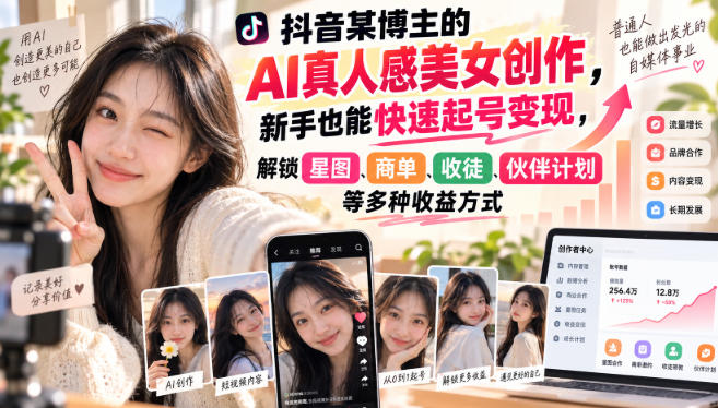 抖音某博主的AI真人感美女创作，新手也能快速起号变现，解锁星图，商单，收徒，伙伴计划等多种收益方式-旺仔资源库