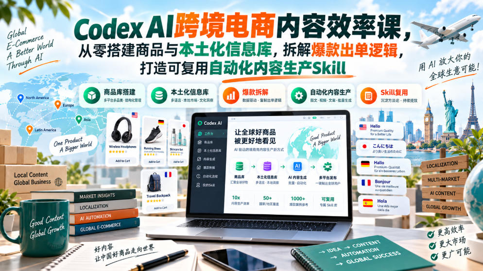 Codex AI跨境电商内容效率课，从零搭建商品与本土化信息库，拆解爆款出单逻辑，打造可复用自动化内容生产Skill-旺仔资源库