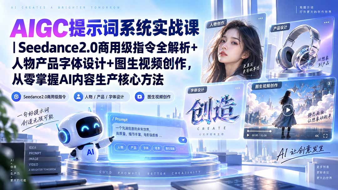 AIGC提示词系统实战课-无水印｜Seedance2.0商用级指令全解析+人物产品字体设计+图生视频创作，掌握AI内容生产方法-旺仔资源库