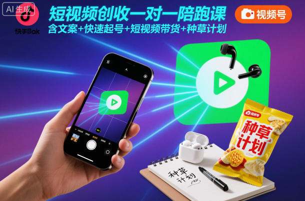 短视频创收一对一陪跑课，含文案+快速起号+短视频带货+种草计划-旺仔资源库