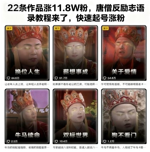 22条作品涨11.8W粉,唐僧反励志语录教程来了,快速起号涨粉-旺仔资源库