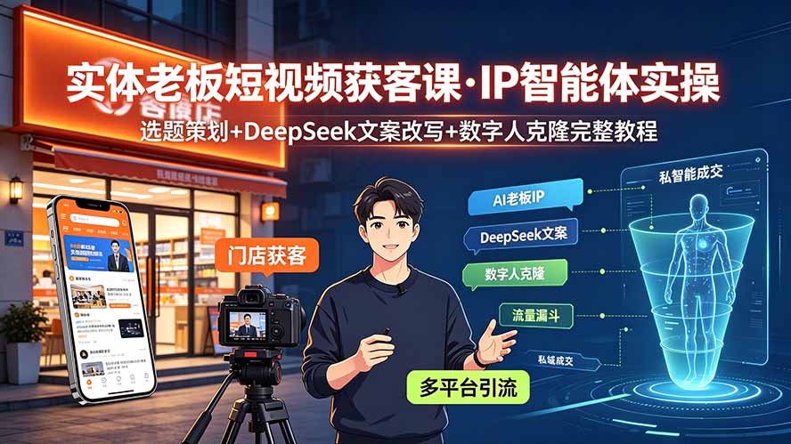 实体老板短视频获客课·IP智能体实操｜选题策划+DeepSeek文案改写+数字人克隆完整教程-旺仔资源库