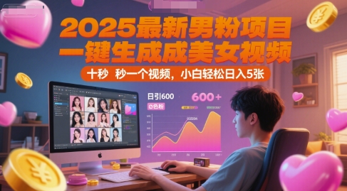 2025最新男粉项目，一键生成美女视频，日引600+色粉 十秒一个视频，小白轻松日入5张【揭秘】-旺仔资源库