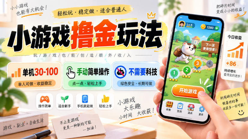 小游戏撸金玩法，单机30-100，手动简单操作，不需要科技-旺仔资源库