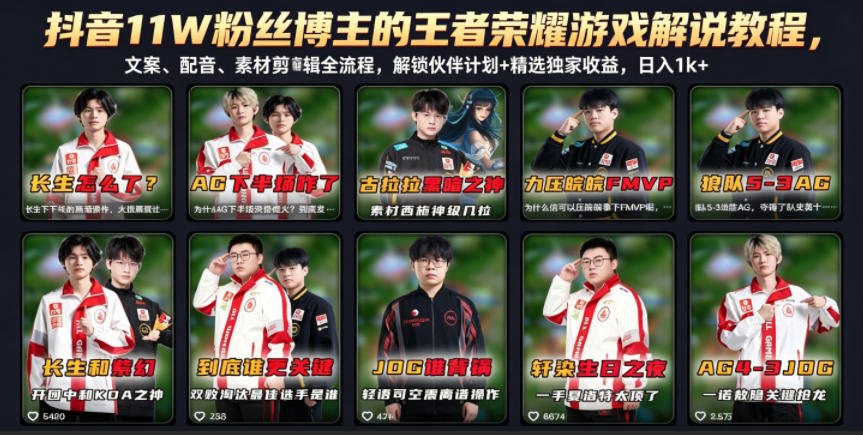 抖音11W粉丝博主的王者荣耀游戏解说教程,文案、配音、素材剪辑全流程,解锁伙伴计划+精选独家收益,日入1k+-旺仔资源库