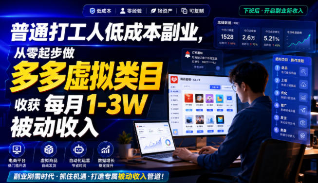 普通打工人低成本副业，从零起步做多多虚拟类目，收获每月1-3W被动收入【揭秘】-旺仔资源库