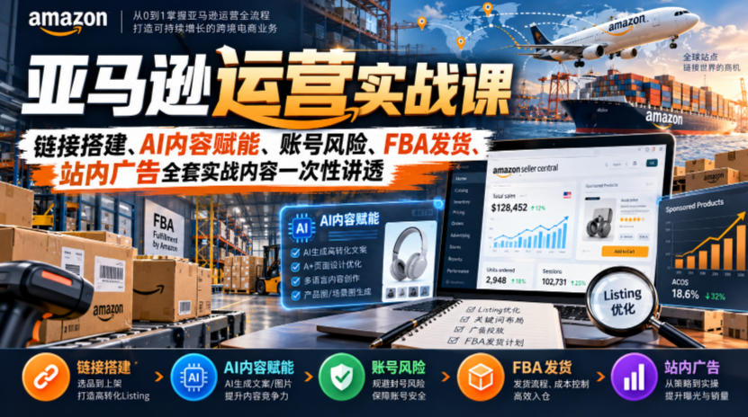 亚马逊运营实战课,链接搭建、AI内容赋能、账号风险、FBA发货、站内广告全套实战内容一次性讲透-旺仔资源库