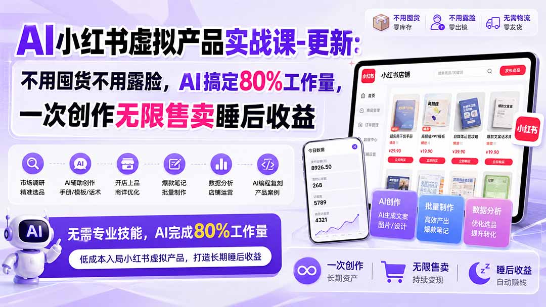 AI小红书虚拟产品实战课-更新1017：不用囤货不用露脸，AI搞定80%工作量，一次创作无限售卖睡后收益-旺仔资源库