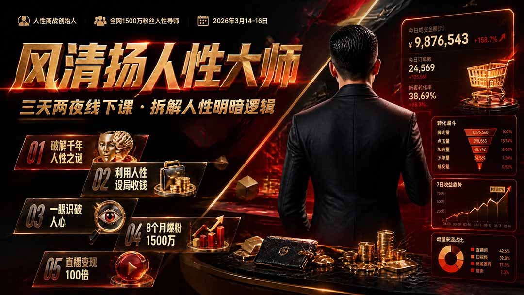 风清扬人性大师-三天两夜3月14-16线下课2026年|拆解人性明暗逻辑,识人避坑,千万粉涨粉+直播百倍变现实战教学-旺仔资源库