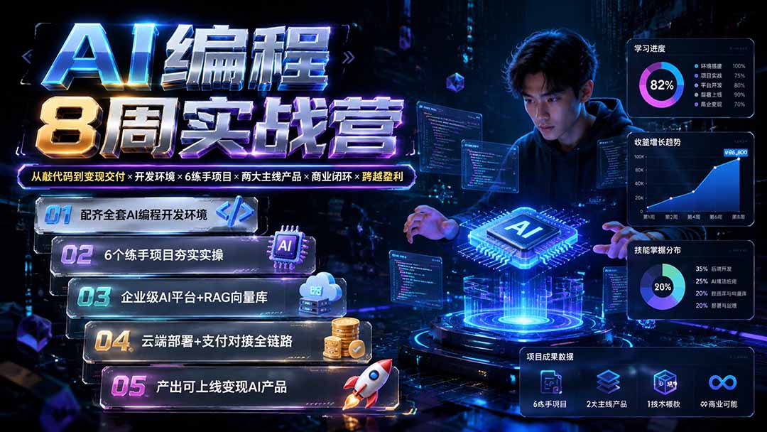 AI编程8周实战营：从敲代码到变现交付×开发环境×6练手项目×两大主线产品×商业闭环×跨越盈利-旺仔资源库