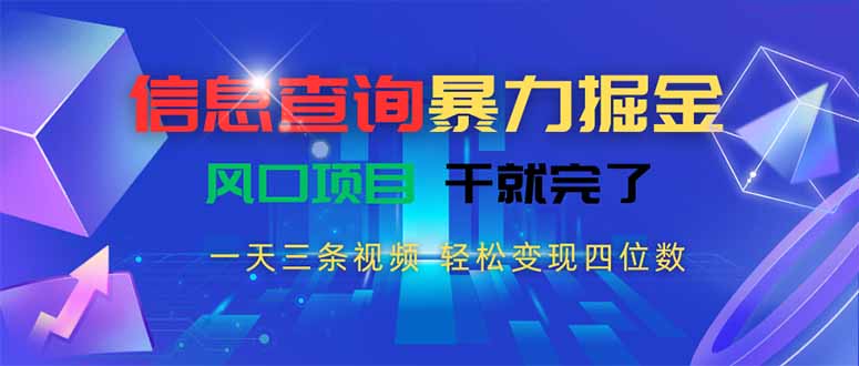 信息查询暴力掘金，一天三条视频 轻松变现四位数，风口项目干就完了-旺仔资源库