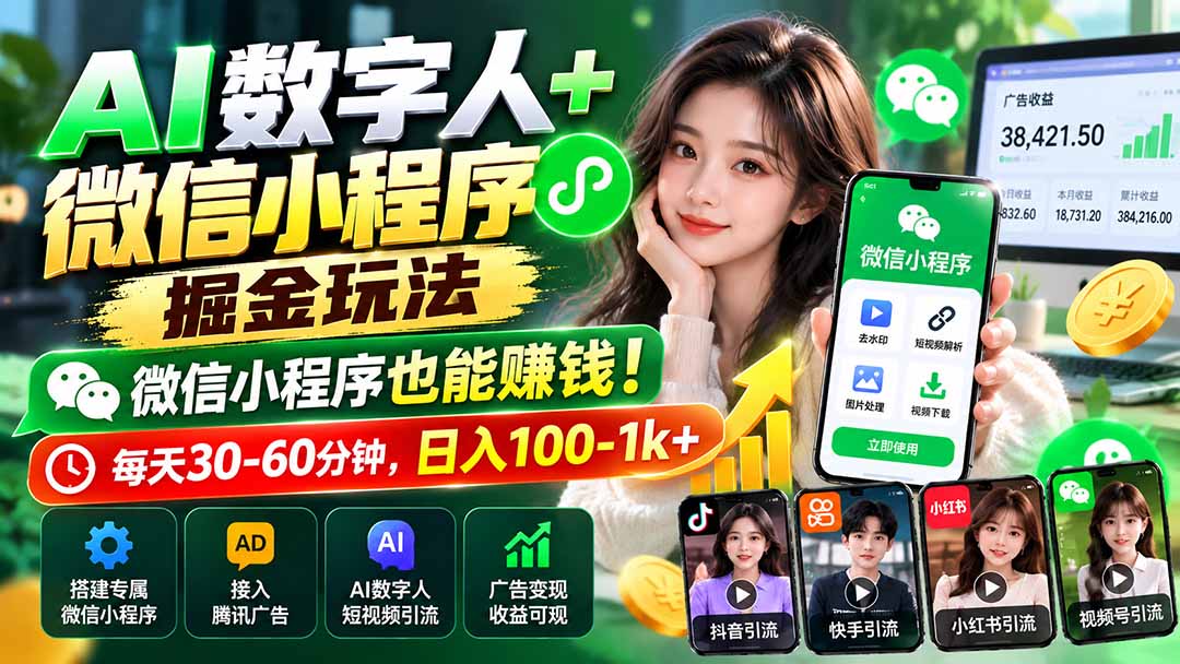AI数字人+微信小程序掘金玩法:微信小程序也能赚钱!每天30-60分钟,日入100-1k+-旺仔资源库