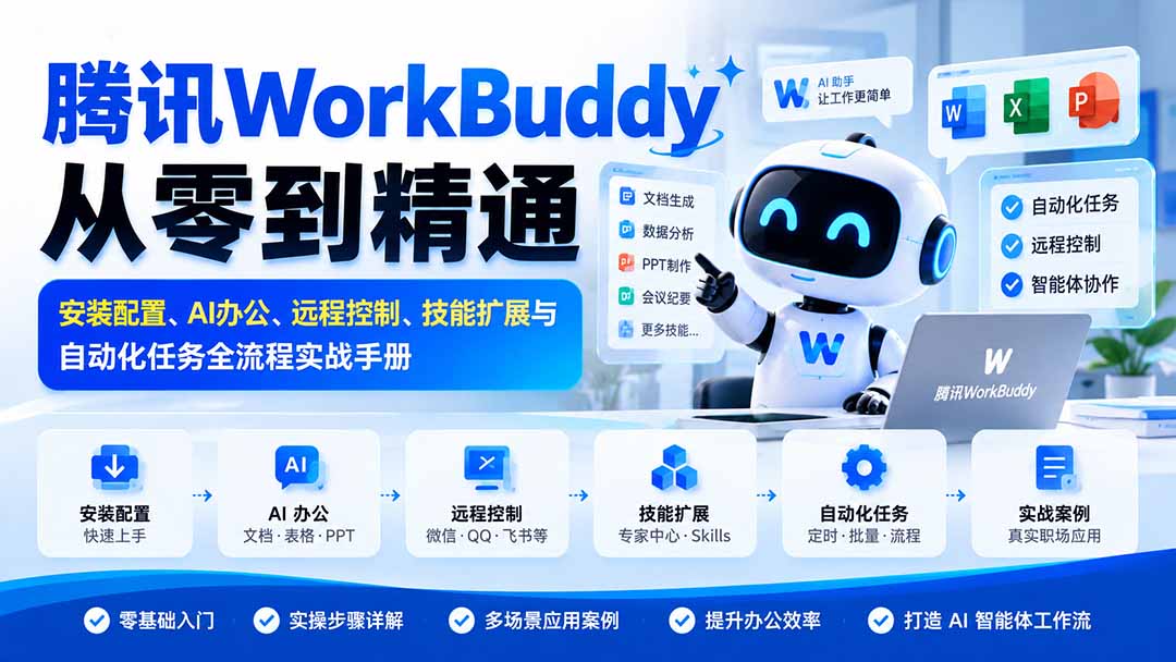 腾讯WorkBuddy从零到精通：安装配置、AI办公、远程控制、技能扩展与自动化任务全流程实战手册-旺仔资源库