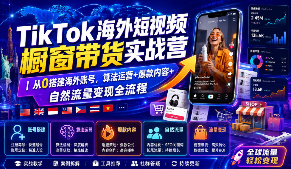 TikTok海外短视频橱窗带货实战营|从0搭建海外账号,算法运营+爆款内容+自然流量变现全流程-旺仔资源库