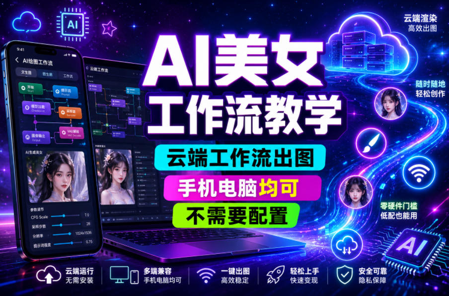AI美女工作流教学,云端工作流出图,手机电脑均可,不需要配置,快速起号涨粉-旺仔资源库