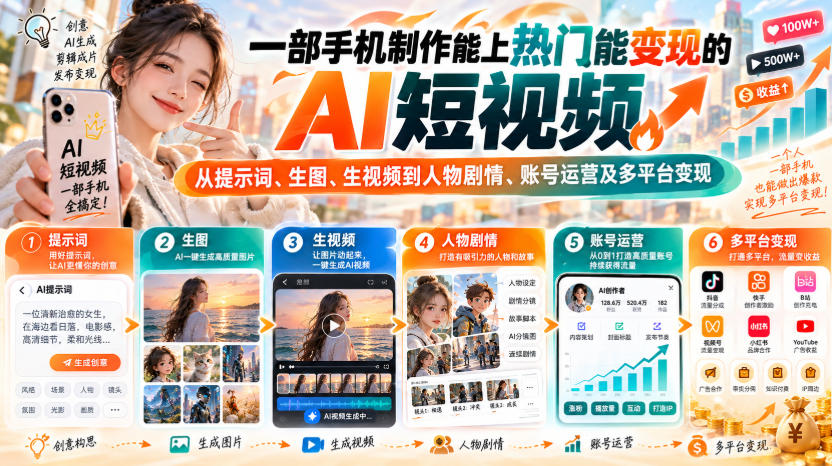 【无水印】一部手机制作能上热门能变现的AI短视频，从提示词、生图、生视频到人物剧情、账号运营及多平台变现-旺仔资源库