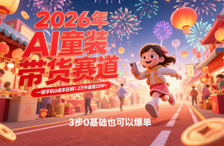 AI童装新春带货赛道，一部手机0成本狂销1.2万件喜提20W+，3步0基础也可以爆单-旺仔资源库