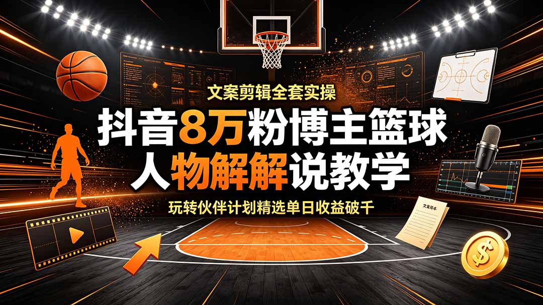 抖音8万粉博主篮球人物解说教学，文案剪辑全套实操，玩转伙伴计划精选单日收益破千-旺仔资源库