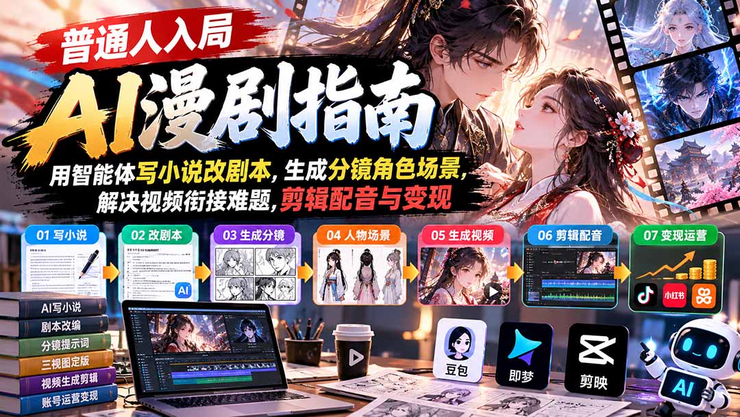 【无水印】普通人入局AI漫剧指南:用智能体写小说改剧本,生成分镜角色场景,解决视频衔接难题,剪辑配音与变现-旺仔资源库