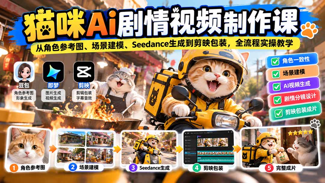 猫咪AI剧情视频制作课：从角色参考图、场景建模、Seedance生成到剪映包装，全流程实操教学-旺仔资源库