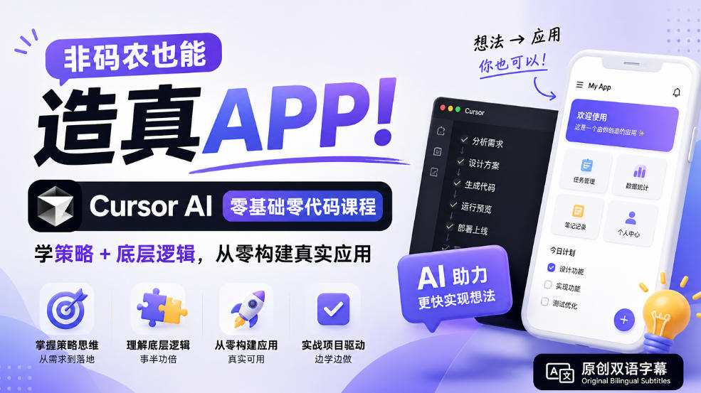 非码农也能造真APP！Cursor AI零基础零代码课程：学策略+底层逻辑，从零构建真实应用【原创双语字幕】-旺仔资源库