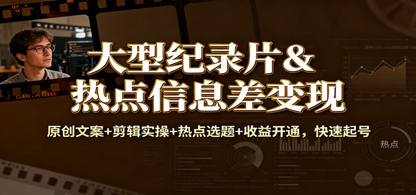 大型纪录片&热点信息差变现：原创文案+剪辑实操+热点选题+收益开通，快速起号-旺仔资源库