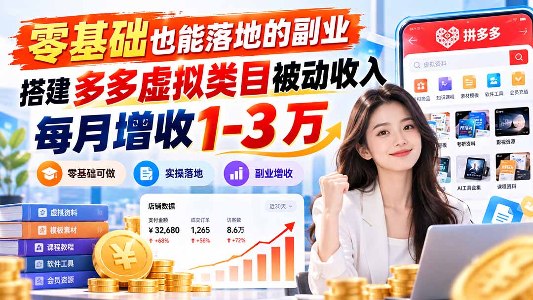 零基础也能落地的副业，搭建多多虚拟类目被动收入，每月增收 1-3 万-旺仔资源库