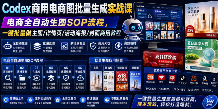 Codex商用电商图批量生成实战课|电商全自动生图SOP流程,一键批量做主图/详情页/活动海报/封面商用教程-旺仔资源库