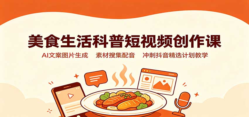 美食生活科普短视频创作课:AI文案图片生成,素材搜集配音,冲刺抖音精选计划教学-旺仔资源库