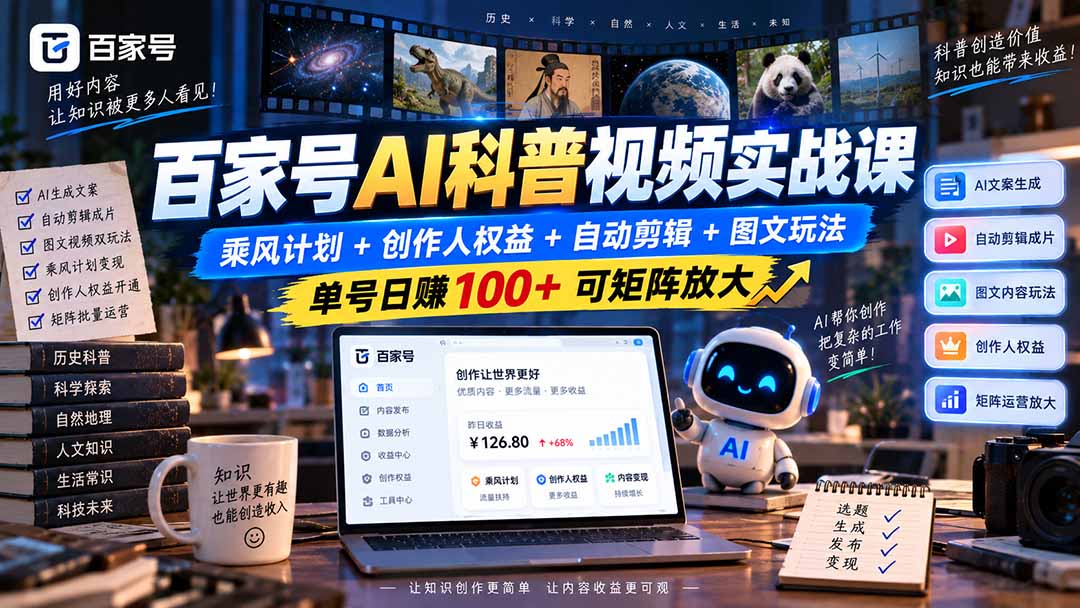 百家号AI科普视频实战课:乘风计划+创作人权益+自动剪辑+图文玩法,单号日赚100+可矩阵放大-旺仔资源库