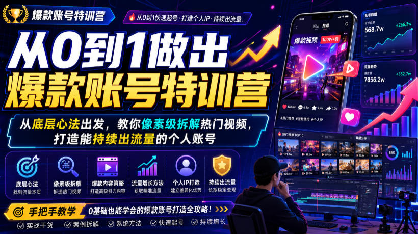 从0到1做出爆款账号特训营，从底层心法出发，教你像素级拆解热门视频，打造能持续出流量的个人账号-旺仔资源库